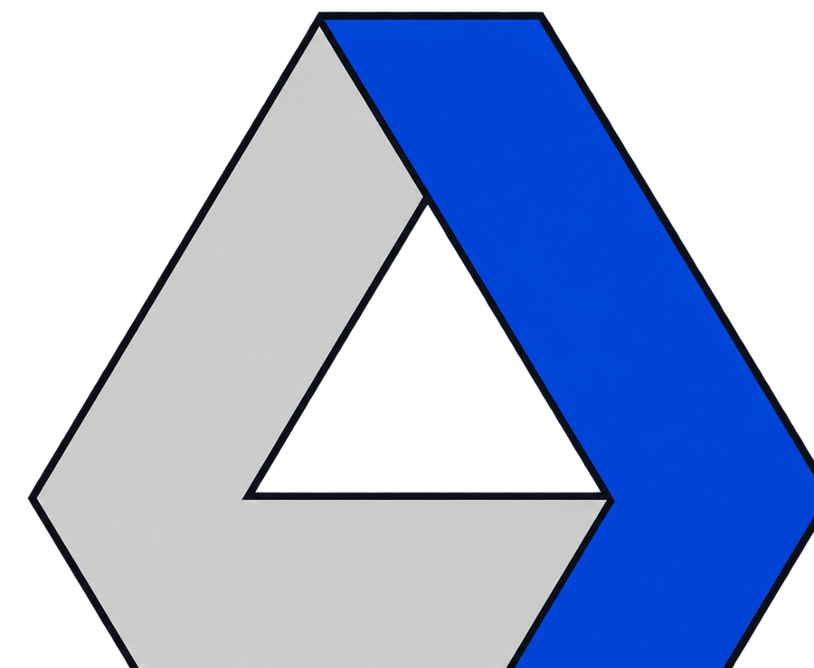 Blue and silver AresMK geometric emblem